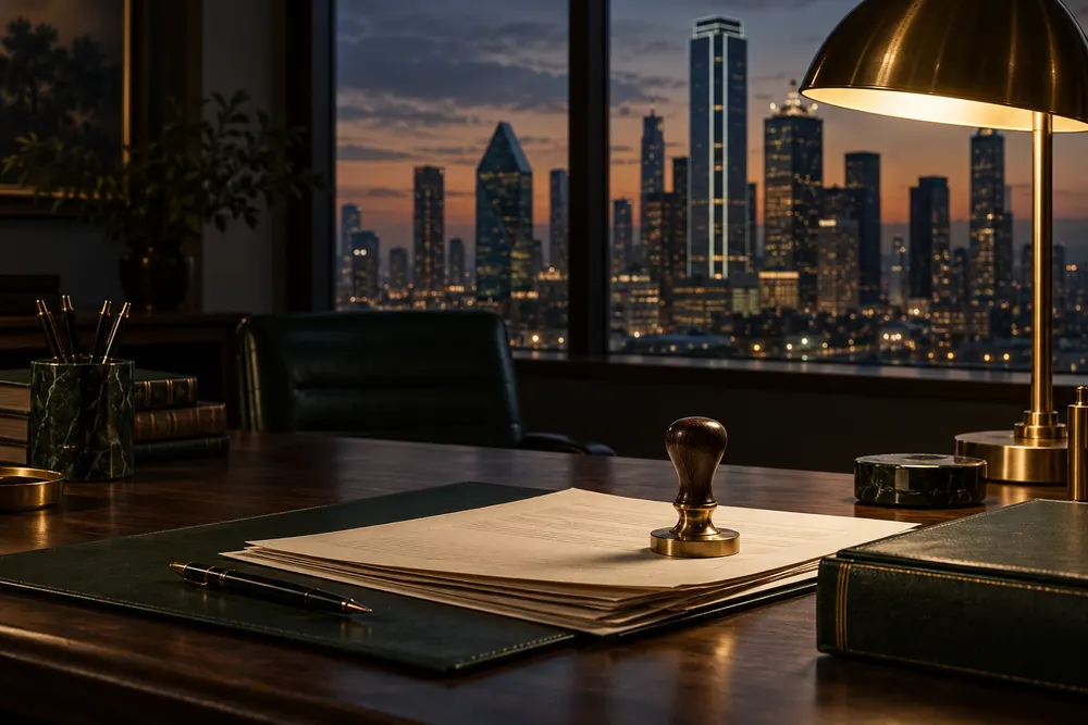 Notary stamp and documents under a brass desk lamp in the evening