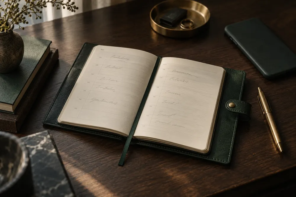 Leather appointment planner and phone for booking a Mansfield notary visit
