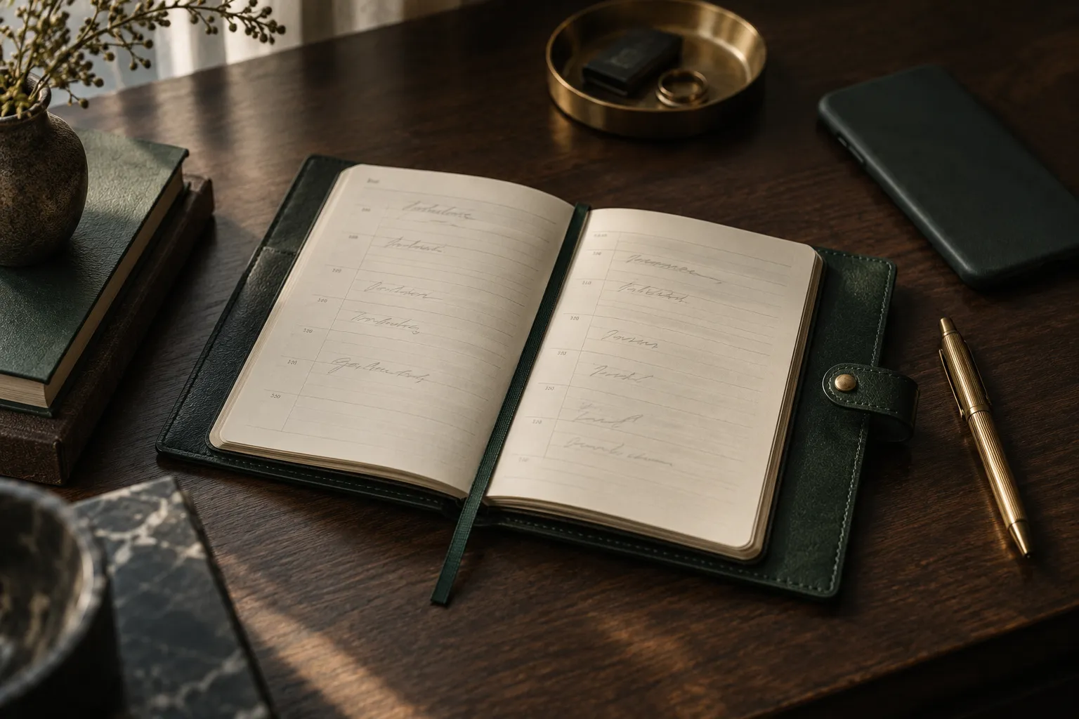 Leather appointment planner and phone for booking a notary appointment in Arlington