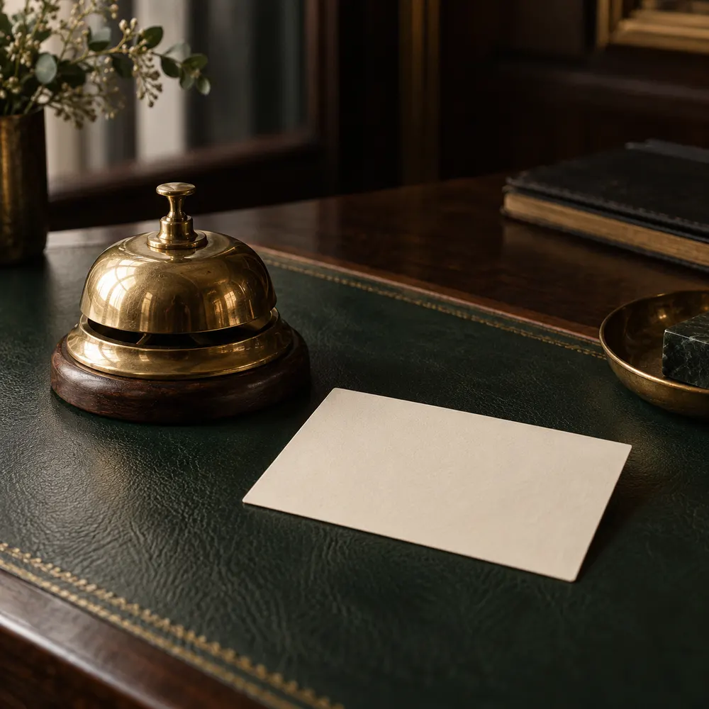 Brass desk bell beside a cream appointment card on green leather