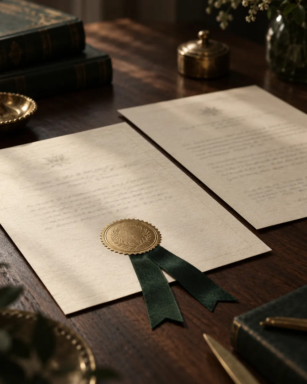 Original document with gold seal and green ribbon beside a certified copy