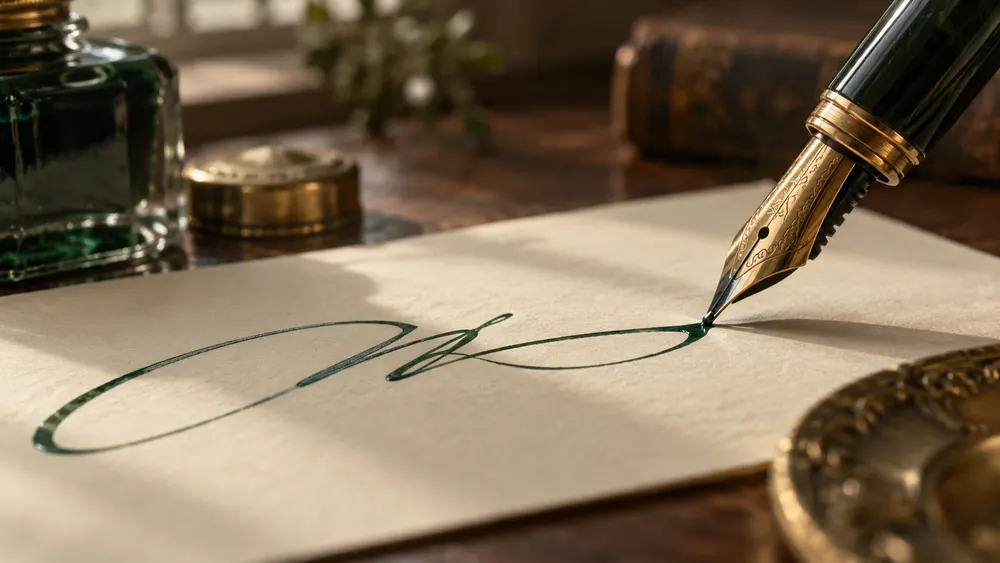 Fountain pen nib writing a signature in green ink on cream paper