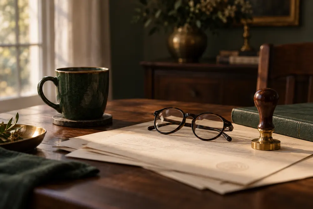 Documents ready for a home notary signing on a dining table in Arlington