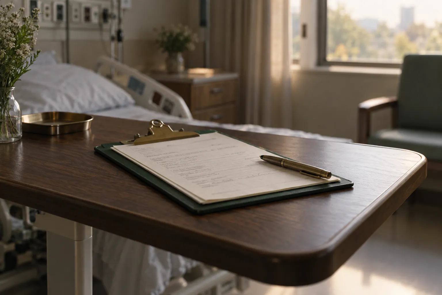 Hospital overbed table with documents ready for a bedside notary visit in Fort Worth