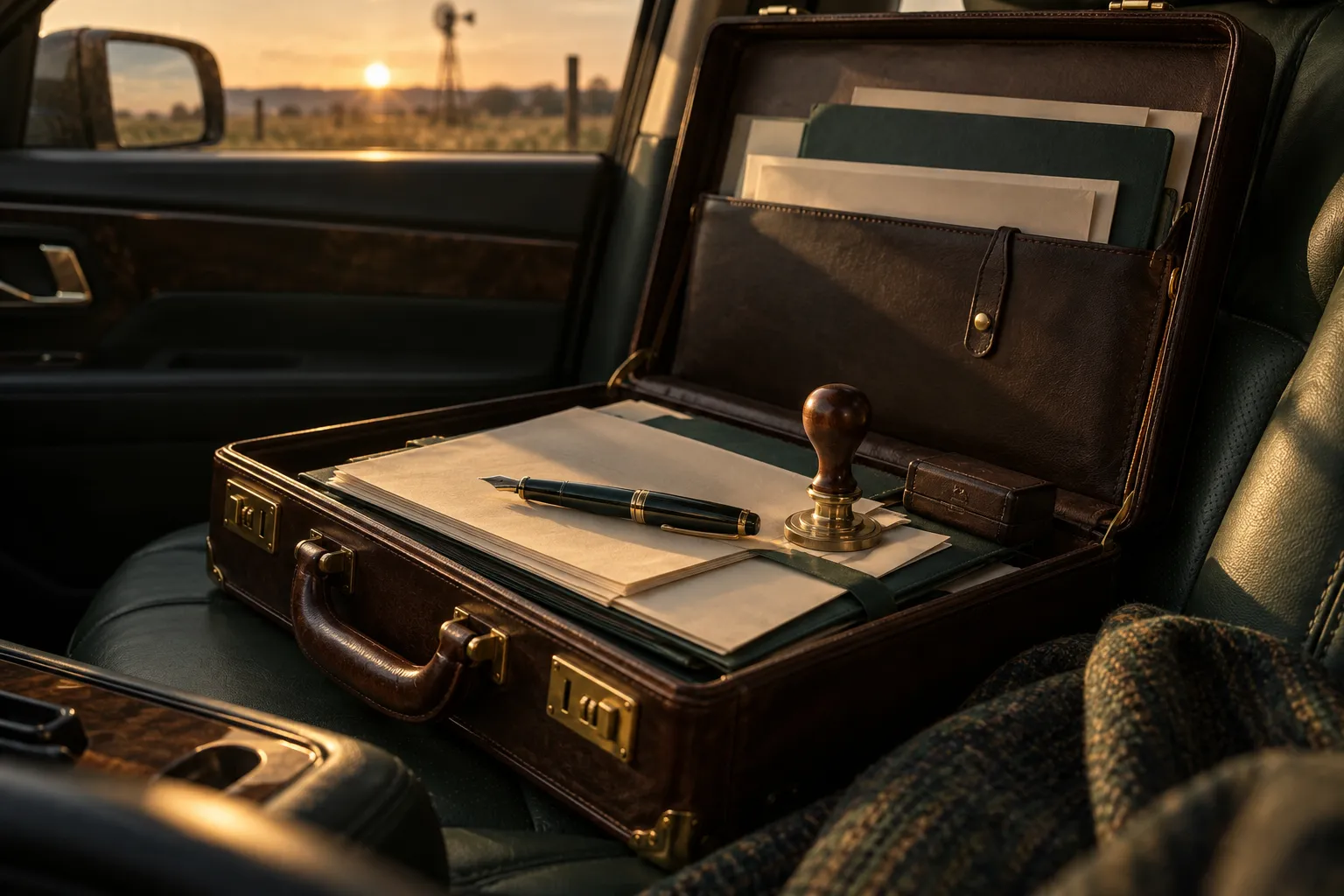 Mobile notary briefcase with seal and document folders on a car seat in Fort Worth