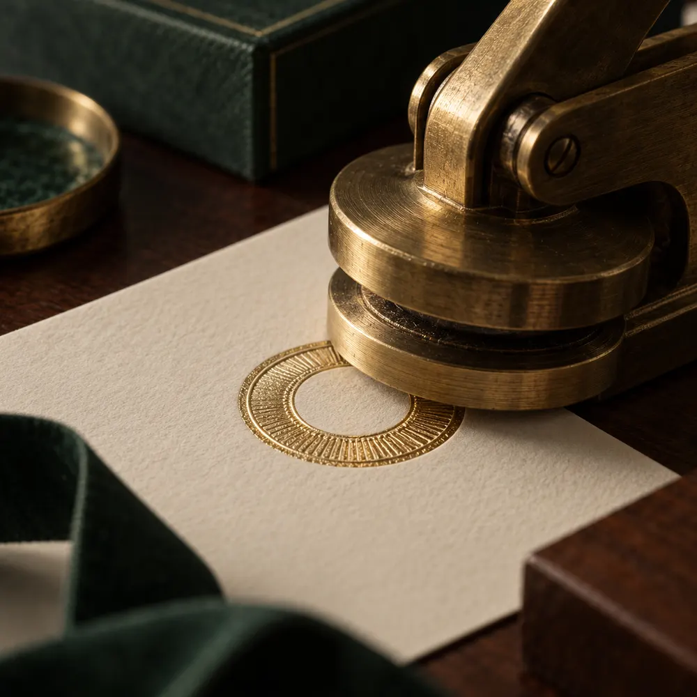 Brass embosser pressing a gold foil notary seal onto paper