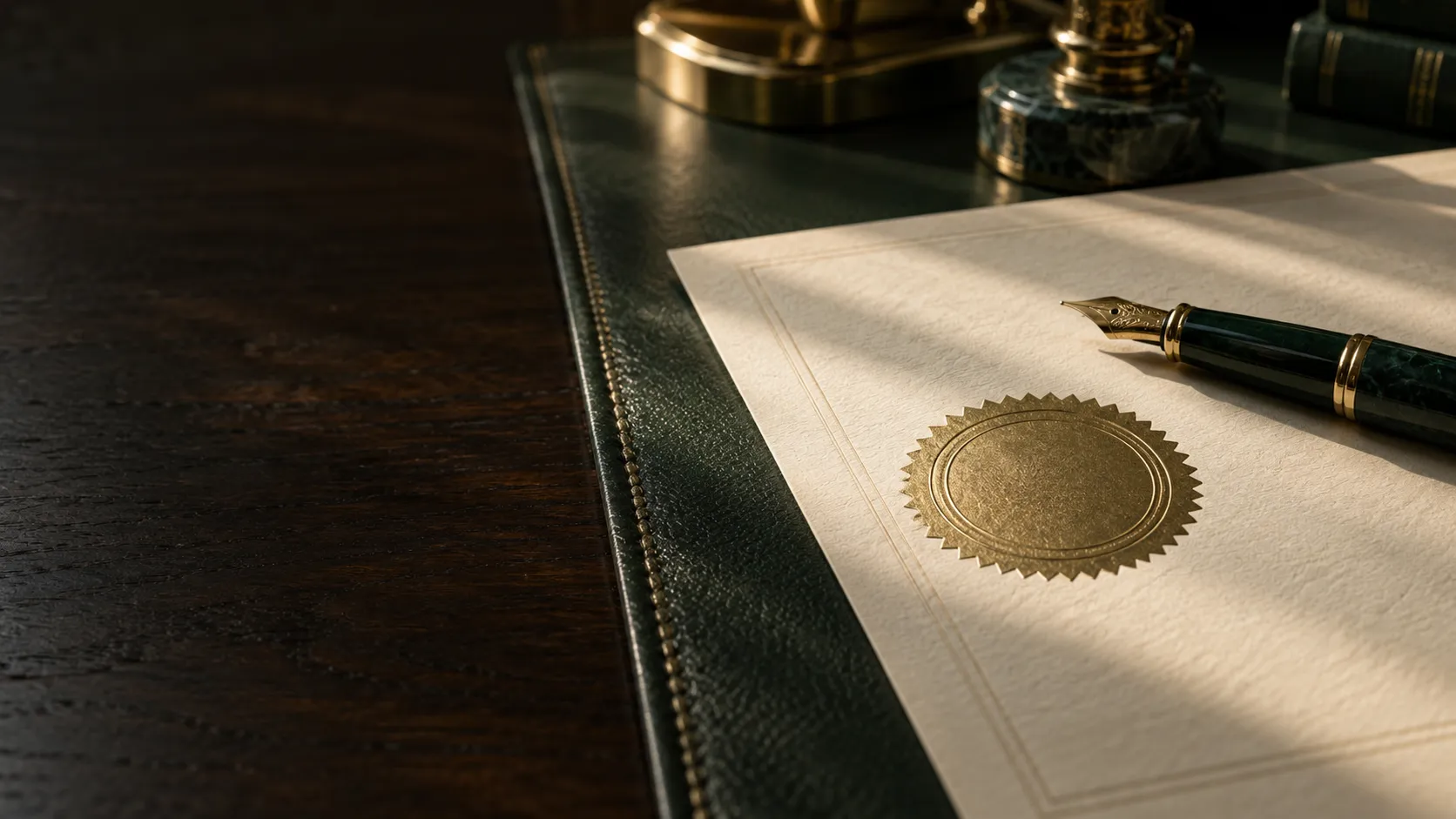 Gold embossed notary seal and green fountain pen on a signed document in Arlington, Texas