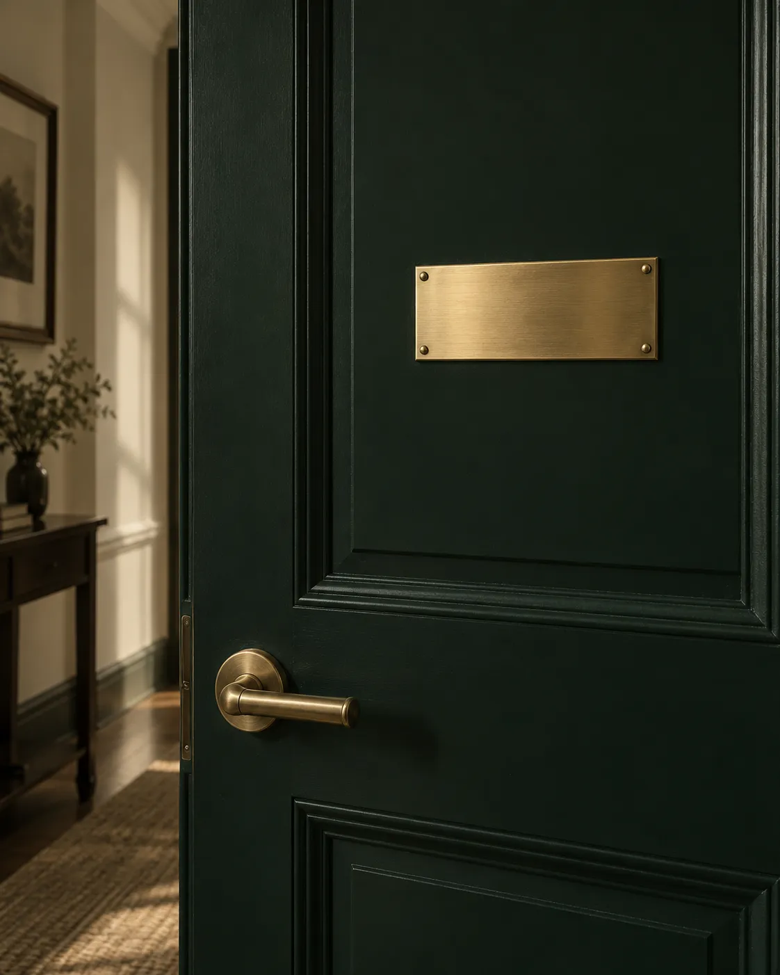 Green office door with a brass plaque at the Notable Notary office in Arlington, Texas