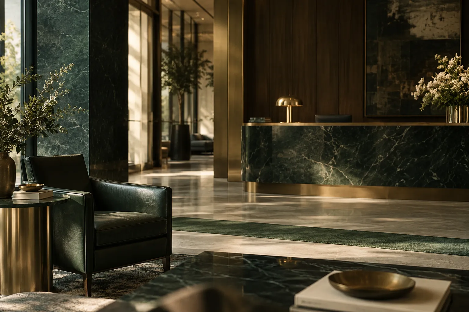 Upscale Dallas office lobby where a mobile notary meets business clients