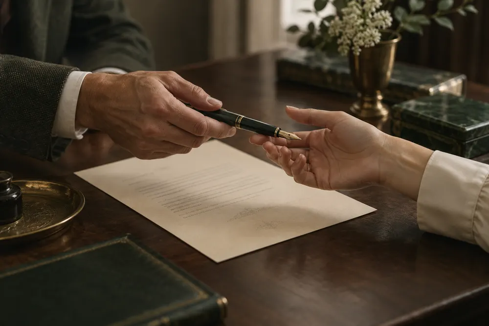 Two hands passing a fountain pen over a power of attorney document in Grand Prairie