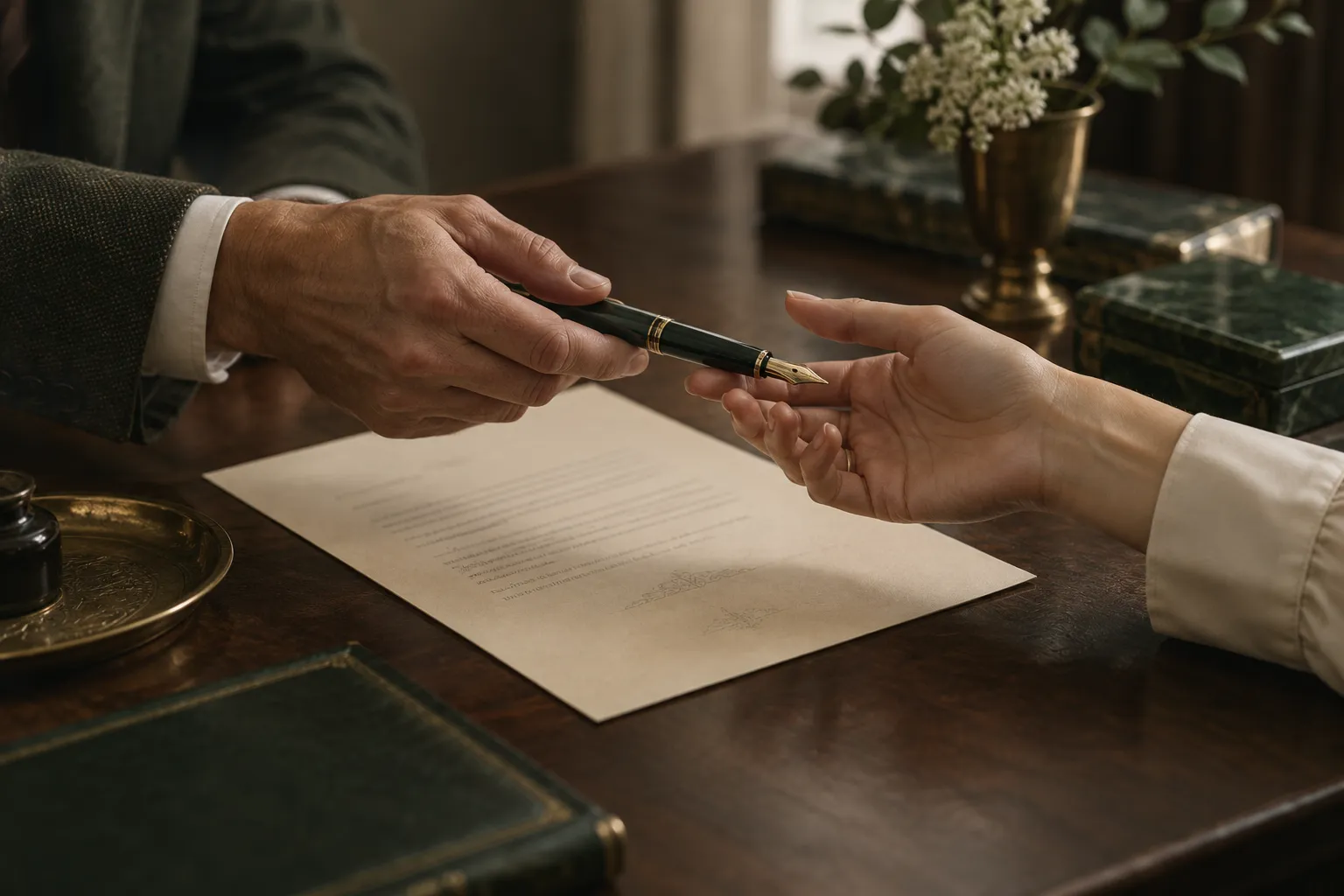 Two hands passing a fountain pen over a power of attorney document in Grand Prairie