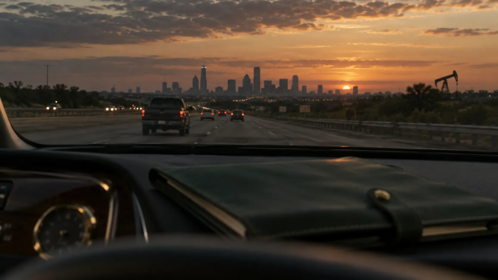 Texas highway at dusk on the way to a mobile notary appointment in Dallas