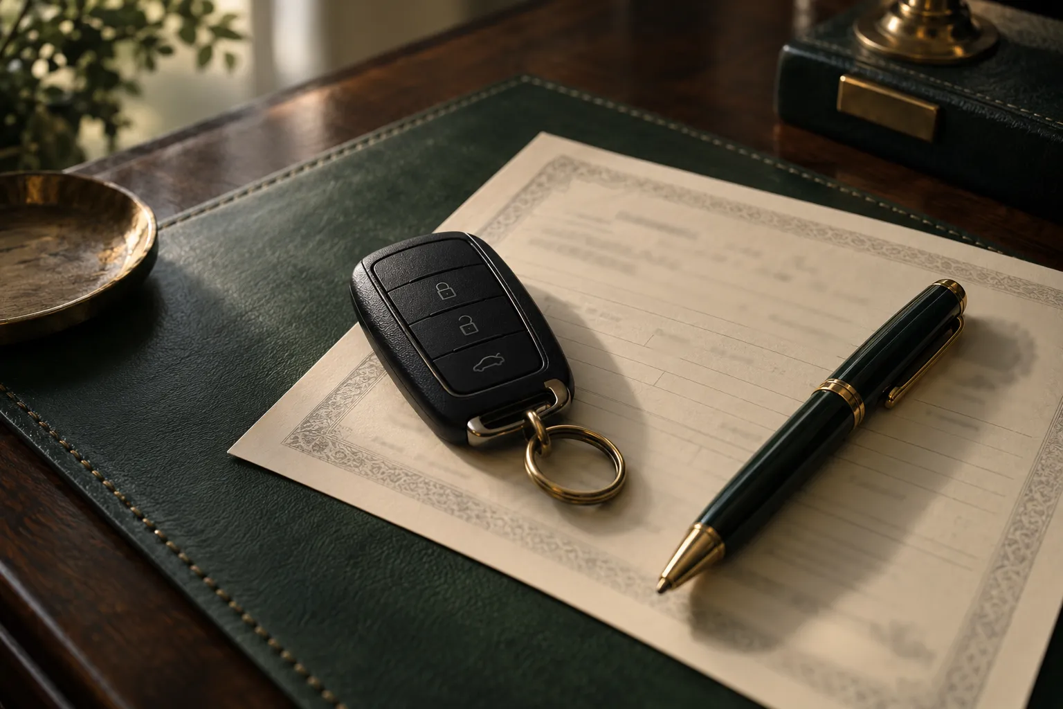 Car key fob resting on a vehicle title document ready for notarization in Grand Prairie
